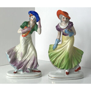 2 Vintage Dancing Lady Occupied Japan Figurine 6" Ceramic Statue 1940s Rare